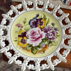 L'Amour Floral vintage 1940s Decorative Plate with Pink and Yellow Accents